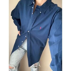Ralph Lauren Blaire Navy Button Down collegiate coastal preppy vacation work 90s